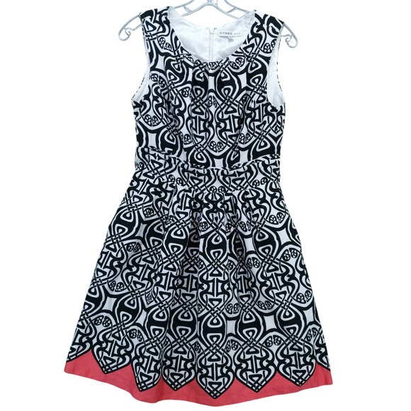 Robbie Bee Fit & Flare Dress Black‎ White Print Lined Pockets Size 4 - Picture 1 of 10